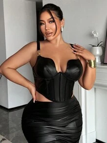 SHEIN SXY Reggiseno elegante da donna taglie forti con coppa a rete in PU nera, arricciatura e fibbia metallica decorativa regolabile per danza e festa - nero - Visualizzare 1