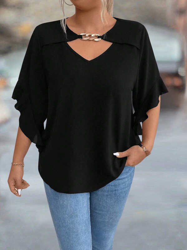 Plus Size Hollow Collar Ruffle Sleeve Solid Shirt