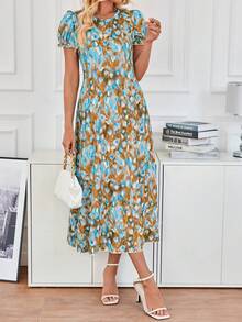 SHEIN LUNE 夏季休闲泡泡袖全印花连衣裙 - 駝色 - 查看 6