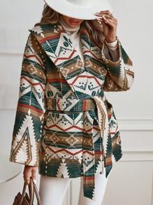 SHEIN Clasi Print Long Sleeve Jacket, Autumn/Winter - Green - View 4