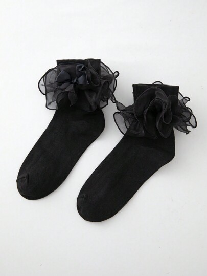 Women's Contrast Mesh Ruffle Trim Mid-Calf Socks