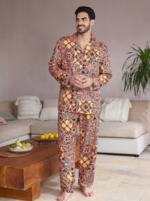 Manfinity ChillVibe Men's Lapel Neck All-Over Print Long Sleeve Top & Pants Casual Loungewear Set - Multicolor - View 2