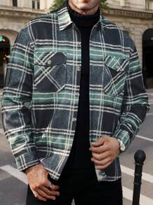 Manfinity Homme Men's Casual Plaid Shacket, Autumn - Green - View 3