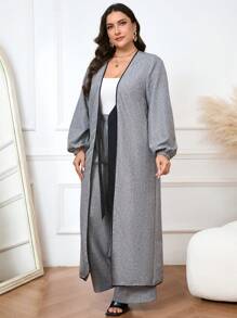 Modelyn 大码女式春秋季蝴蝶结装饰长袖夹克和裤子休闲两件套 - 灰色 - 查看 3