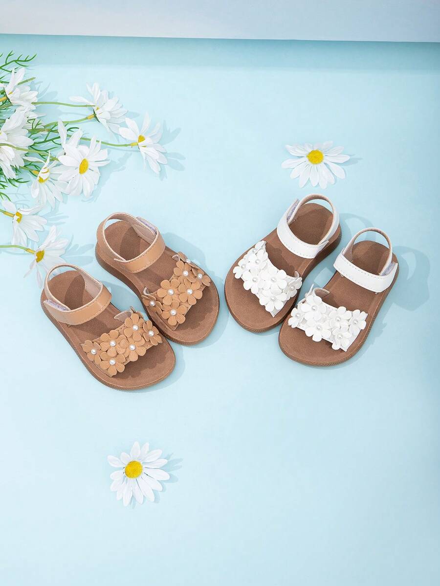 1pair Cute Girls Pearl Decor Hook And Loop Thick Sole Soft Sole Sandals - White - View 1