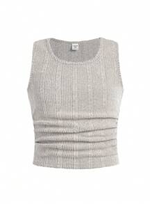 Camiseta asimétrica de punto acanalado con cuello cisne fruncido ajustada para niñas preadolescentes - Beis - Ver 1
