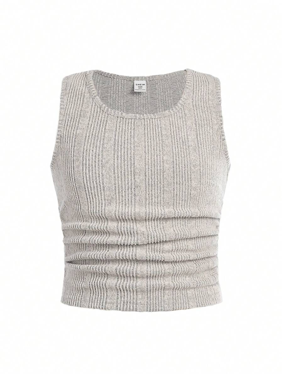 Camiseta asimétrica de punto acanalado con cuello cisne fruncido ajustada para niñas preadolescentes - Beis - Ver 1