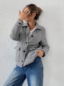 Aveloria Modichic Women's Classic Plaid Stand Collar Padded Padded Coat With Pockets, Simplistic Design, Autumn/Winter Clothes  - Black - View 6