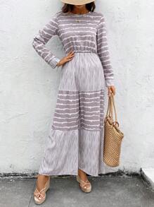 SHEIN LUNE Leisure Holiday Striped Patchwork Printed Round Neck Long Sleeve Jumpsuit Fall Cloth For Women - Multicolor - View 1