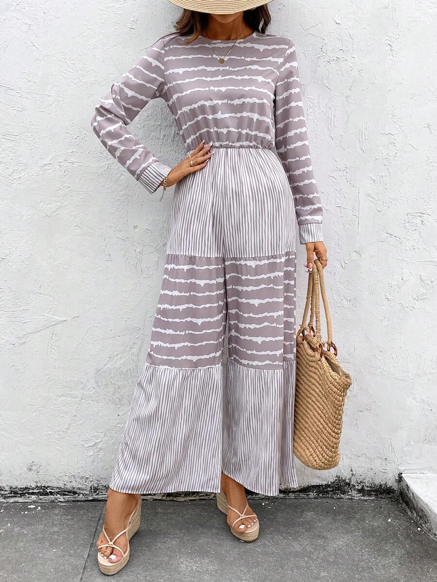 SHEIN LUNE Leisure Holiday Striped Patchwork Printed Round Neck Long Sleeve Jumpsuit Fall Cloth For Women - Multicolor - View 1