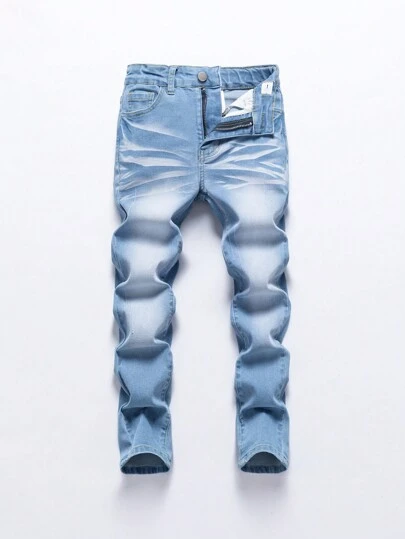 SHEIN Explorewe TWEEN BOY 百搭休闲现代街头风格破洞腰带可调节松紧腰身五口袋牛仔裤，四季必备时尚牛仔单品