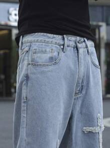 Manfinity EMRG Pantalones vaqueros rectos y sueltos casuales con bolsillos parche cruzados para hombres - Lavado ligero - Ver 3