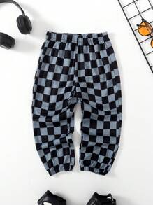 年轻男孩休闲百搭格子数码印花慢跑裤，春秋季