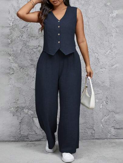 SHEIN Frenchy 2pcs Plus Size Women's Summer Solid Color Single-Breasted Vest And Wide Leg Pants Casual Suit