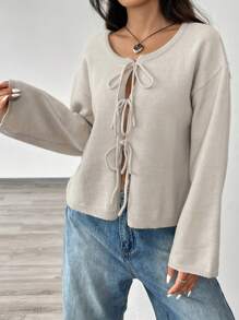 SHEIN EZwear 女士纯色打结长袖开衫，通勤、简约、办公、复古、简约风格，女士系带腰带纯色针织开衫，可搭配T恤、长袖上衣，秋冬季上学上衣 - 杏色 - 查看 3