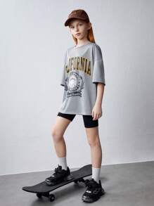 SHEIN Tween Girl 针织纯色字母印花超大 T 恤和紧身裤套装 - 彩色 - 查看 3