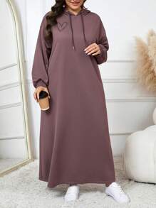Seusyu Plus Size Drawstring Hooded Long Sleeve Casual Plain Modest Arabian Clothing Plus Size Winter Dress - Brown - View 2