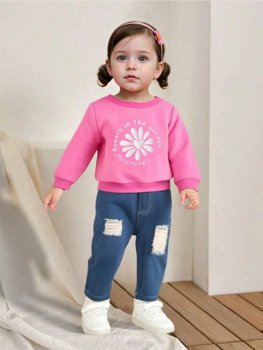 SHEIN 女宝宝休闲可爱秋冬印花牛仔裤套装