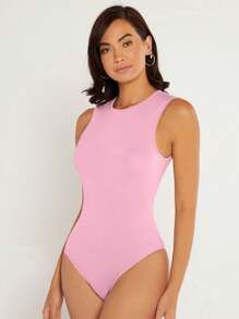 SHEIN BASICS Women's Round Neck Sleeveless Casual Solid Color Bodysuit - Pink - View 7