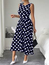 Breezaya Elegant Sleeveless Cinched Waist Peplum Polka Dot Work Dress, Black Maxi Women Outfit