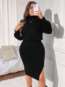 Calvaya Plus Size Women's Solid Color Dropped Shoulder Long Sleeve Fashionable Sexy High Neck Fitted Sweater Dress, Autumn/Winter