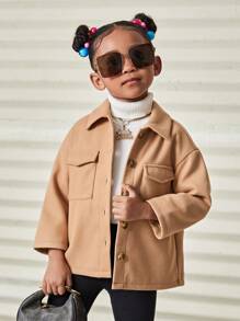 SHEIN Mantel Wol Polos Kasual Longgar untuk Anak Perempuan dengan Kerah Lipat - Khaki - View 1