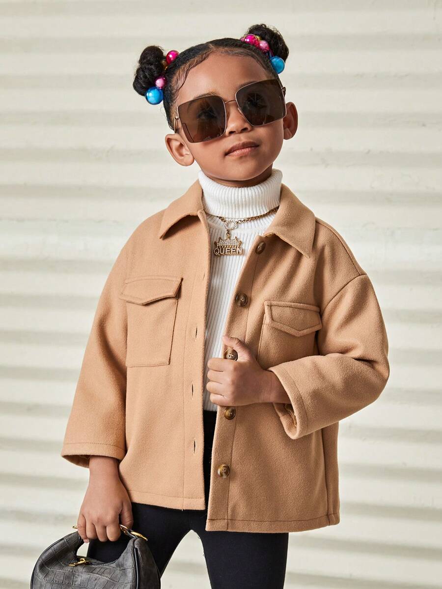 SHEIN Mantel Wol Polos Kasual Longgar untuk Anak Perempuan dengan Kerah Lipat - Khaki - View 1