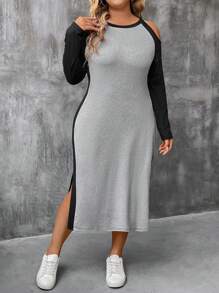 SHEIN LUNE فستان كاجوال كتف مفتوح مع شق جانبي ، مقاس كبير ، ربيع وخريف