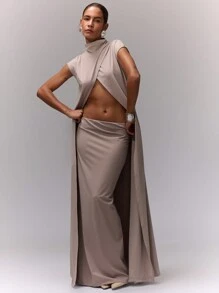 MUSERA Ruched Low Waist Maxi Skirt Elegant Spring Summer Sexy Party Vacation - Light Grey - View 3