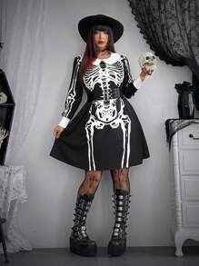 Whyspr 大码万圣节角色扮演哥特朋克黑暗星期三骷髅翻领复古可爱短裙，秋装，黑色