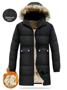 Manfinity Homme 男士中长款连帽开衫，带毛领和抓绒内衬，秋冬季 - 黑色 - 查看 5