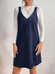 SHEIN Essnce Solid Color Loose Spaghetti Strap Mini Dress, Casual Daily Wear - Navy Blue - View 4