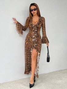 SHEIN PETITE 女式荷叶边豹纹连衣裙 - 卡其色 - 查看 2