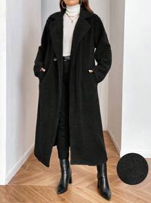 SHEIN Clasi Plus Size Women's Autumn/Winter Fuzzy Black Military Coat, Versatile, Fashionable For Urban, Office, And Everyday Wear - Black - View 1