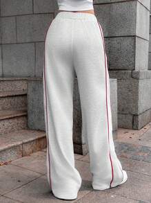 Chiquease 女式松紧腰带红色条纹字母图案休闲运动裤 - 灰色 - 查看 2