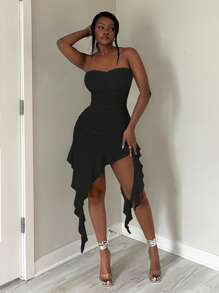 SHEIN SXY 女士简约纯色日常穿着筒状荷叶边下摆连衣裙适合约会之夜、生日、单身派对装、休闲、购物、外出、度假、海滩，