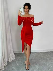 Selianne Đầm bodycon hở vai tay dài xếp nếp xẻ cao thiết kế ngọc trai cho nữ thời trang năm mới - Đỏ - Xem 6