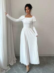 Elenzga 女式春夏纯色针织长袖不对称系带领优雅连衣裙长款女装 - 白色 - 查看 6