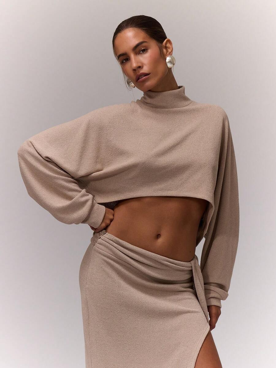 MUSERA High Neck Long Sleeve Soft Ribbed Top Casual Summer Vacation Spring Summer Elegant Sexy - Khaki - View 1