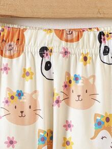 女婴圆领长袖荷叶边上衣和可爱动物印花裤子套装 - 棕色 - 查看 4