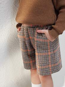 Blossori Young Boys Brown Plaid Woven Elasticized Waist Shorts, Fall/Winter - Brown - View 4
