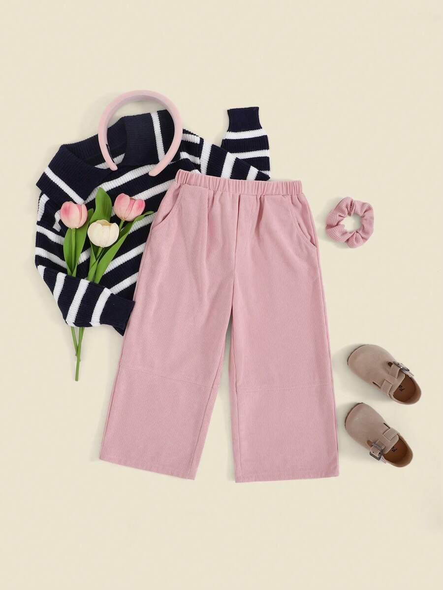 THE HAPPY LOOK Young Girls Faux Corduroy Elastic Waist Splicing Leg Panel Wide Leg Pants, Autumn/Winter, Pink - Pink - View 1