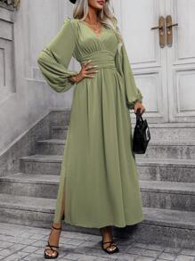 EMERY ROSE Đầm Maxi Thanh Lịch Cổ Chữ V Tay Phồng Rãnh Xếp Ly Eo Thời Trang Xuân Hè Cho Nữ - Màu xanh Ô liu - Xem 5