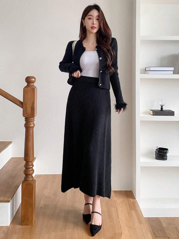 2pcs Women's Casual Solid Color Cardigan And Skirt Set For Autumn Fall