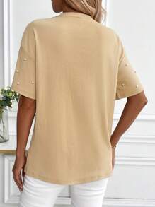 SHEIN LUNE 女士圆领短袖仿珍珠装饰休闲衬衫