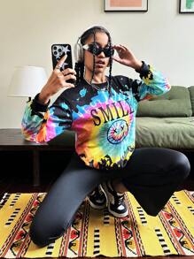 SHEIN 2 peças adolescentes meninas casual tie-dye streetwear simples EUA gráfico moletom e calças de bicicleta conjunto