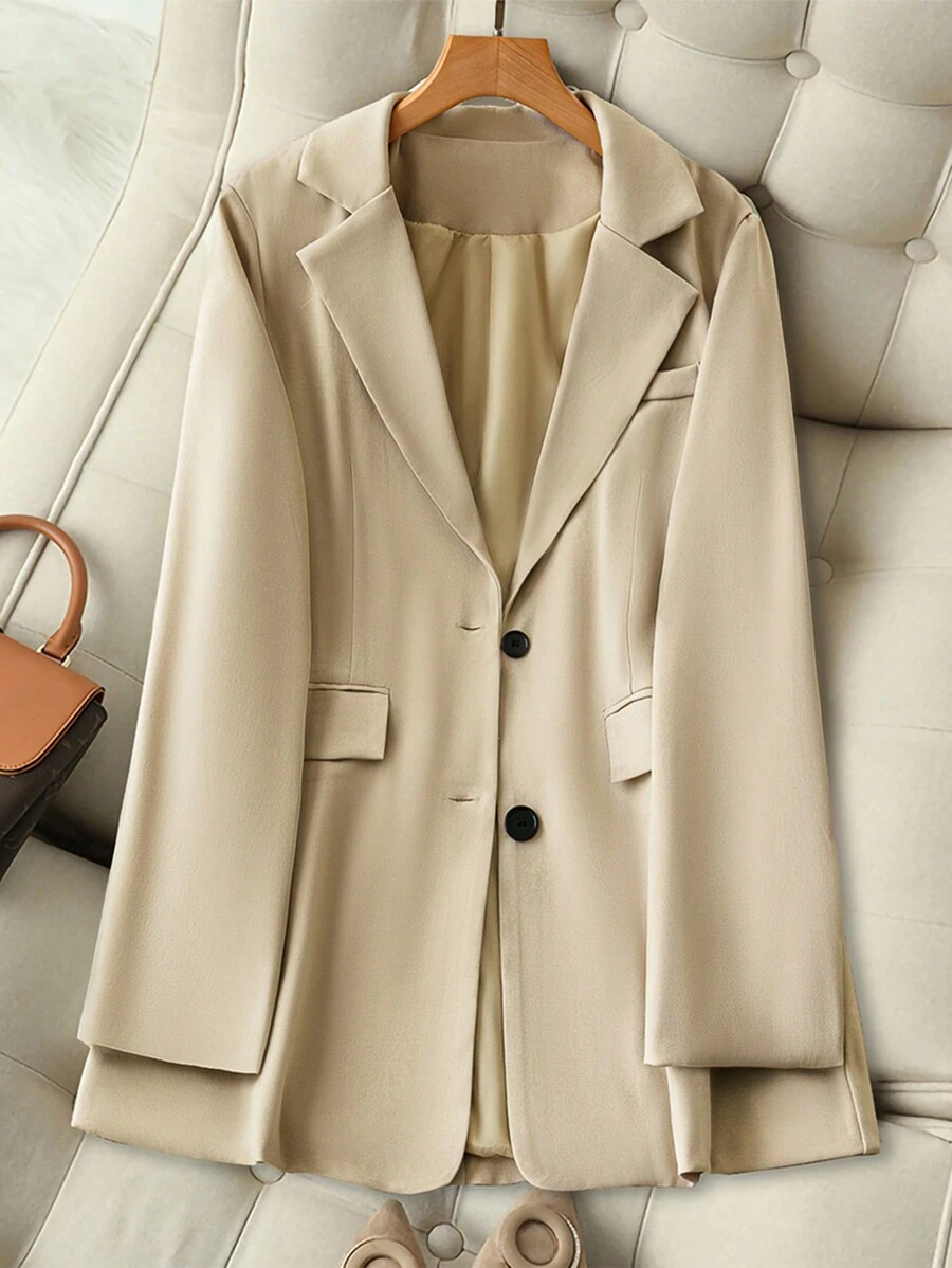 Chiquease Women's Solid Color Lapel Neck Long Sleeve Office Blazer Jacket, Autumn Winter Fall Cloth For Women - Apricot - View 1