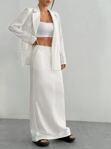 Flirla 1 conjunto: Chaqueta blazer de manga larga con cuello con muesca y botones delanteros de unicolor y falda mini