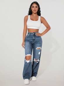 SHEIN PETITE Jeans de mezclilla casual simple con bolsillo delantero con botones y desteñidos para mujer - Neblina azul - Ver 3