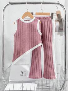 SHEIN 2 件装年轻女孩拼布不对称下摆短款上衣时尚套装 - 粉色 - 查看 1